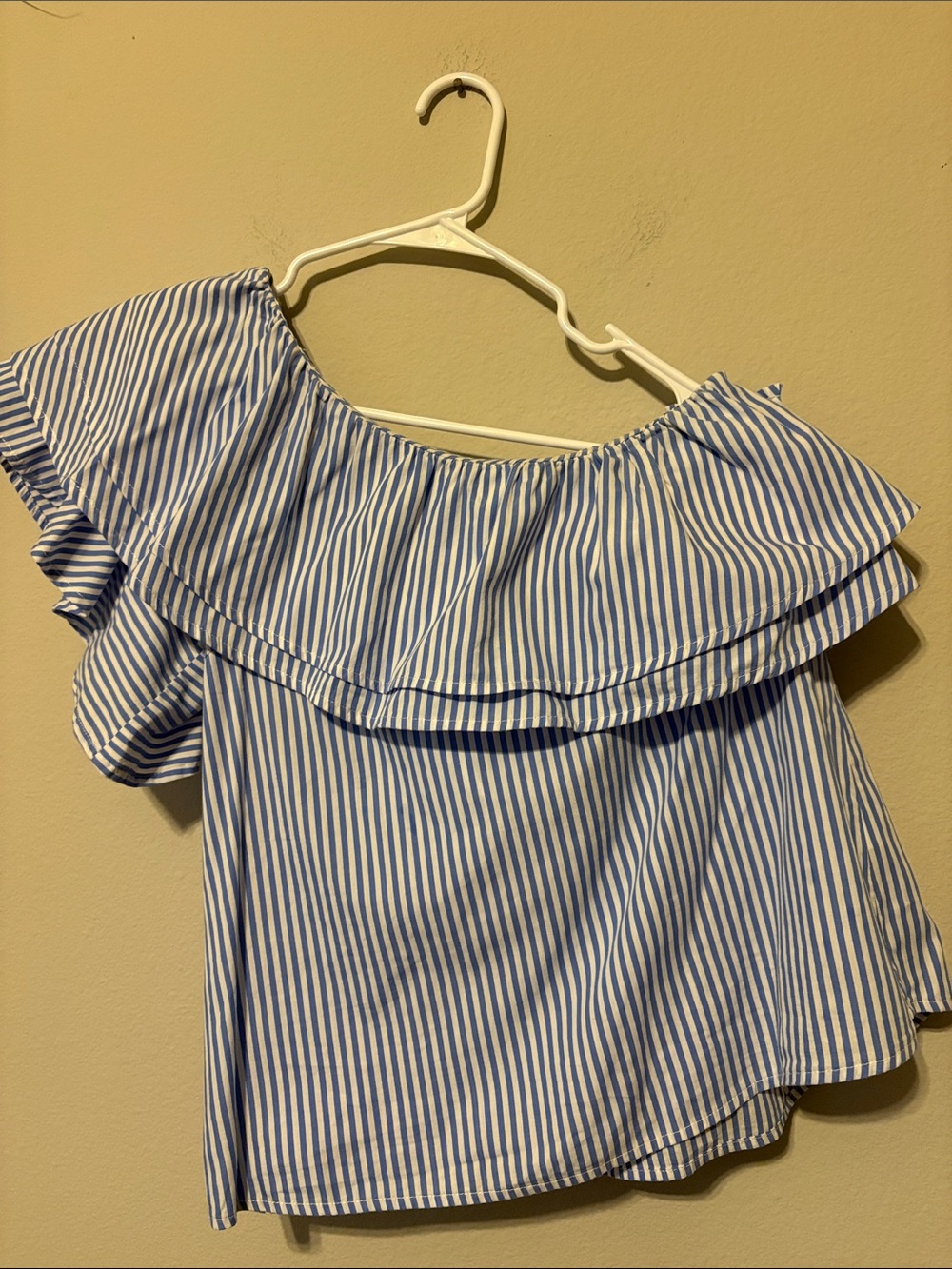 She + Sky Blue and White Striped Off-Shoulder Ruffle Blouse